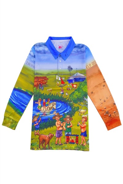 Manufacture Men's Long Sleeve Polo Shirt Dye Sublimation Design Whole Printing Three Buttons Dye Sublimation Polo Shirt Dye Sublimation Supplier Aussie Farm P1433 45 degree
